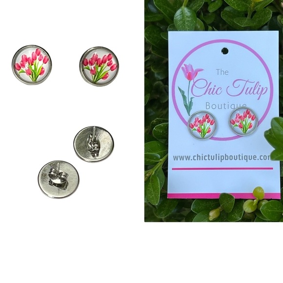 Red Tulip Earrings Inspired earrings Stud Cute Red Bouquet Flower Earrings Round - Picture 12 of 12